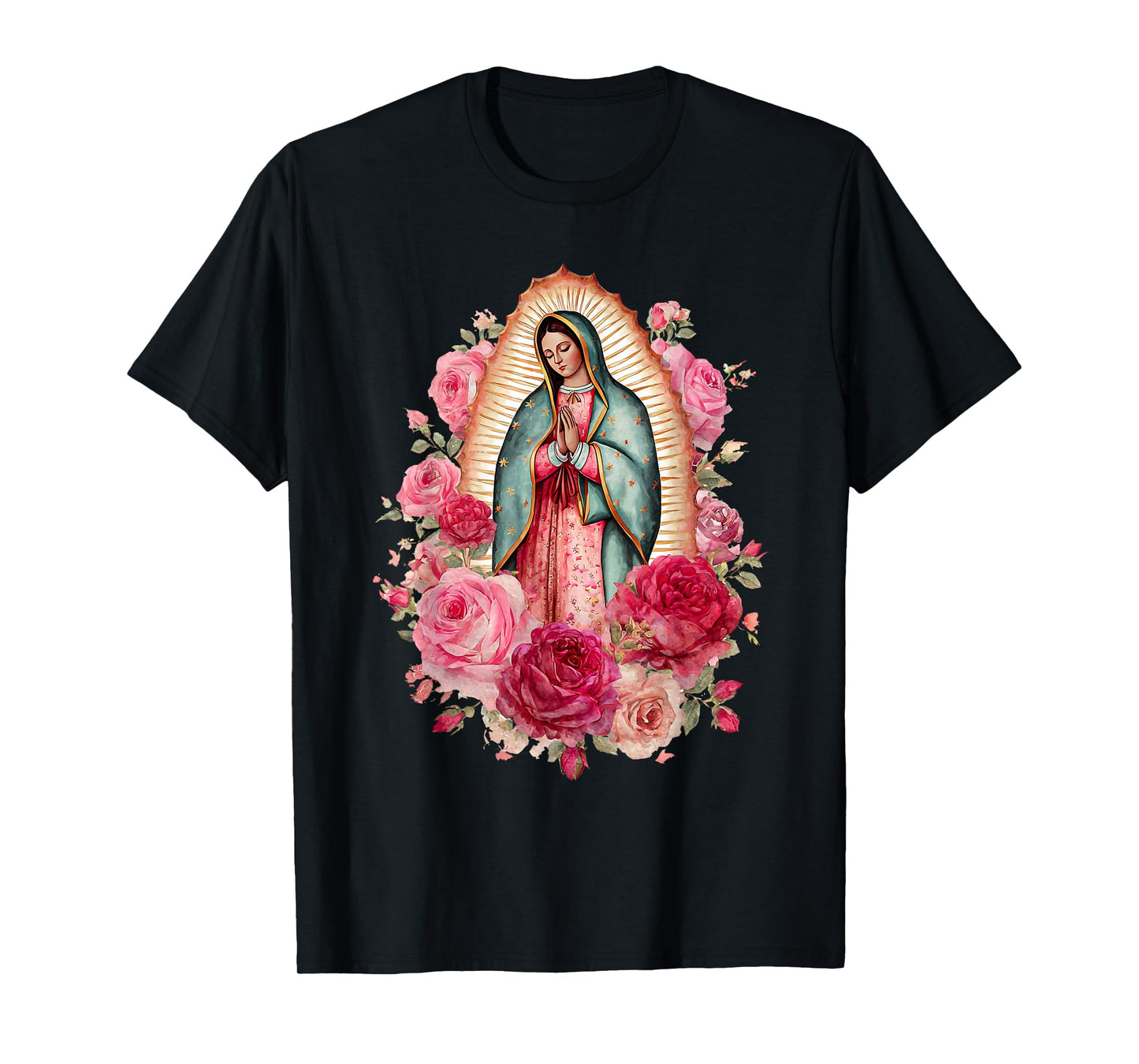 Our Lady Virgen De Guadalupe Saint Virgin Mary Pink Roses T-Shirt