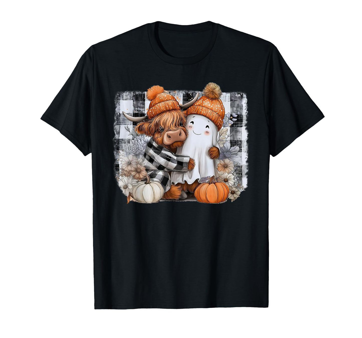 Funny Halloween Highland Cow Ghost Spooky Pumpkin Hello Fall T-Shirt