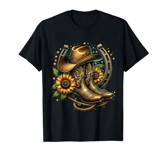 Vintage Rustic Western Country Cowboy Boot Art Tee - Women's Western Themed Floral Boot, Rope & Hat T-Shirt - Black, Small