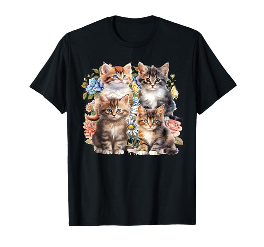 Vintage Cute Kitten Flower Cat Lover Cottagecore Aesthetic T-Shirt