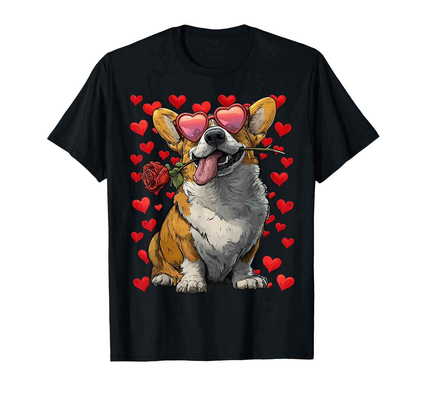 Cute Corgi with Hearts Glasses Rose Valentine's Day Dog T-Shirt