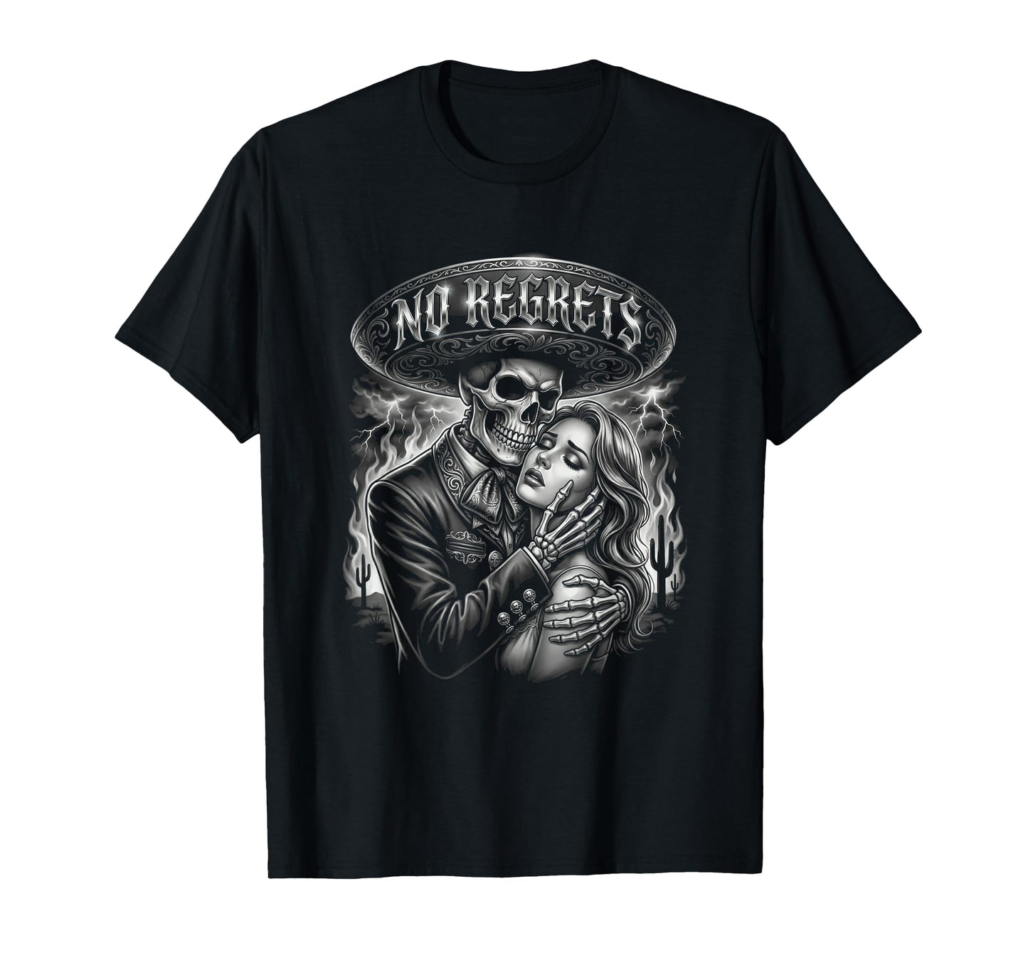 Chicano Skeleton No Regrets Sombrero Tattoo Style T-Shirt