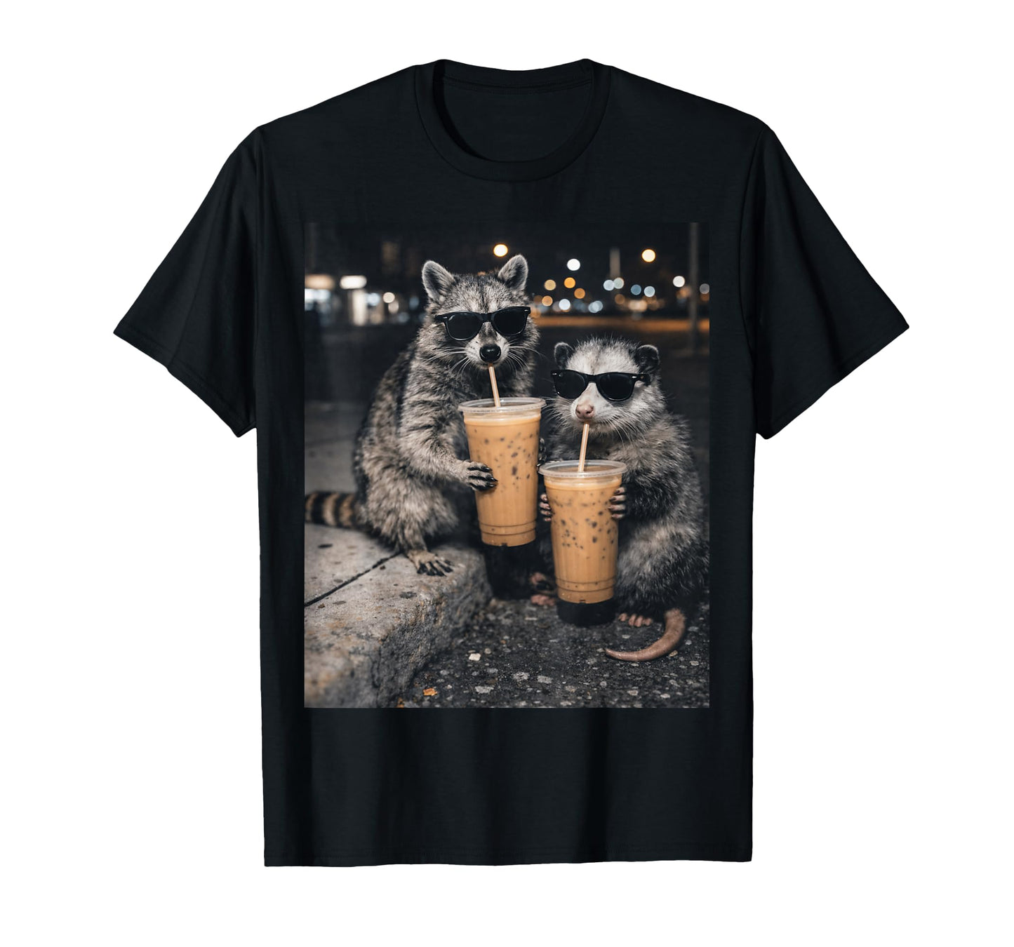 Funny Raccoon and Opossum Drinking Iced Coffee. Cute Animal T-Shirt