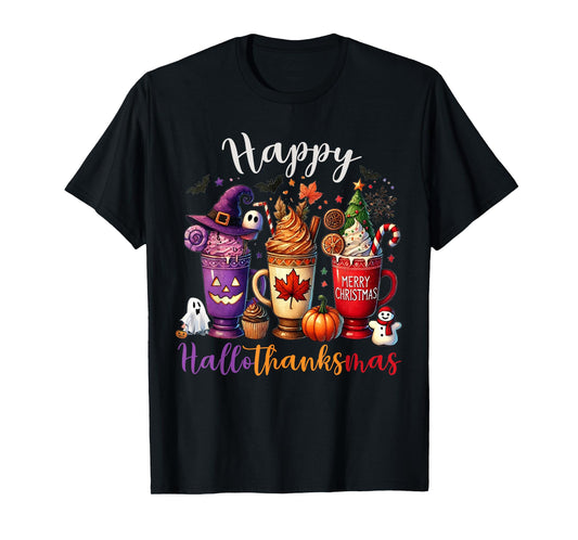 Happy Hallothanksmas Coffee Lover Halloween Merry Christmas T-Shirt