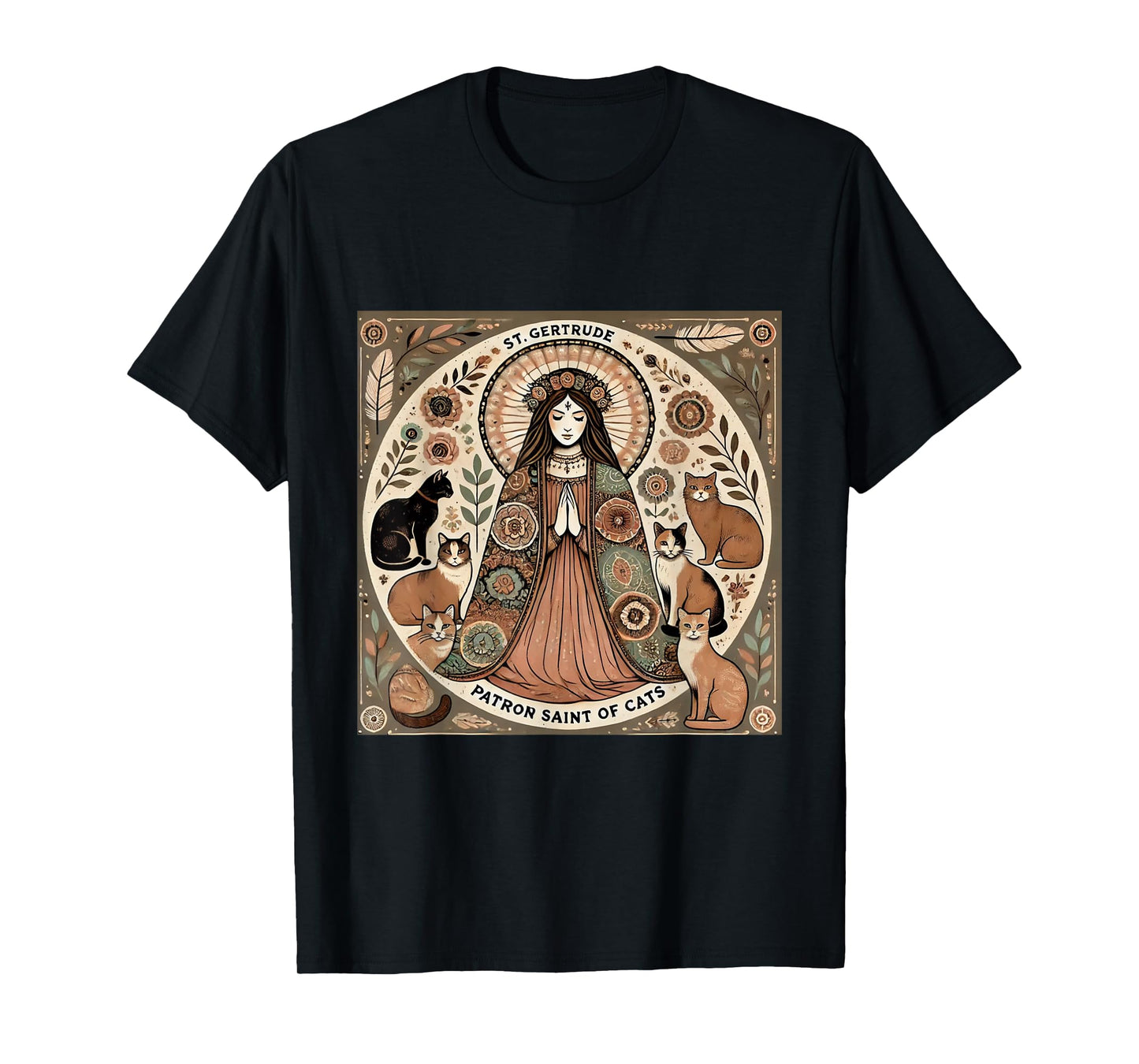 Saint Gertrude Patron St of Cats Folk Art T-Shirt