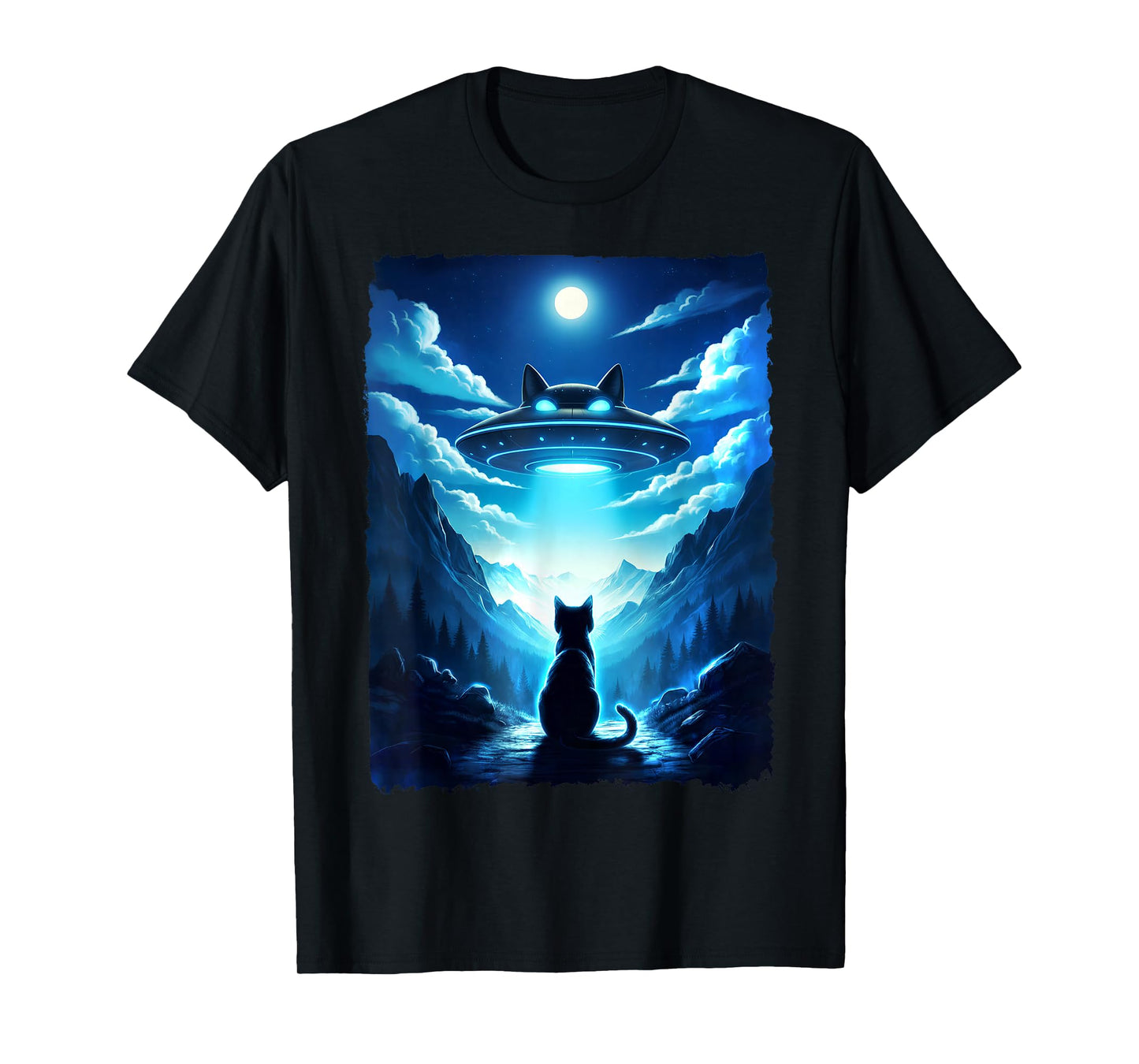 Alien Cat UFO Spaceship Night Sky Fantasy Funny Sci-Fi Art T-Shirt