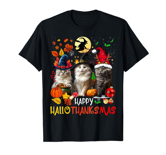 Halloween Thanksgiving Christmas Happy HalloThanksMas Cats T-Shirt