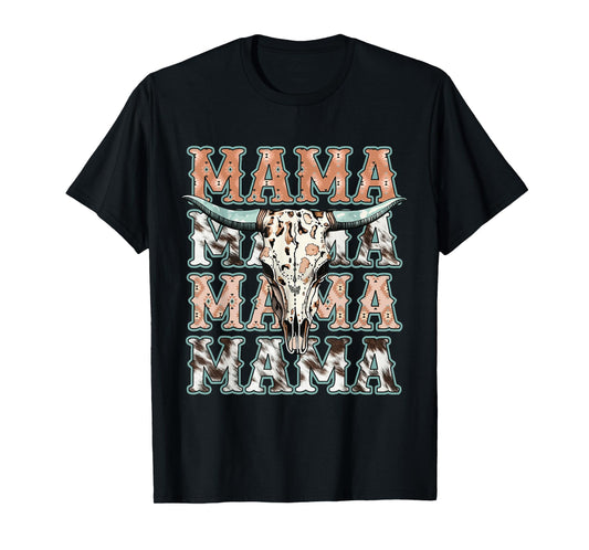 Mama Western Retro Groovy Cow Skull Country Rodeo Mother Day T-Shirt