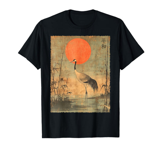 Vintage Crane and Red Sun Vintage Japanese Woodblock Art T-Shirt