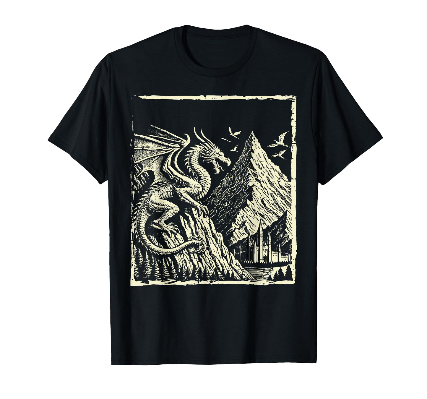 Medieval Dragon Mountain Castle Mythical Men Women Kids T-Shirt