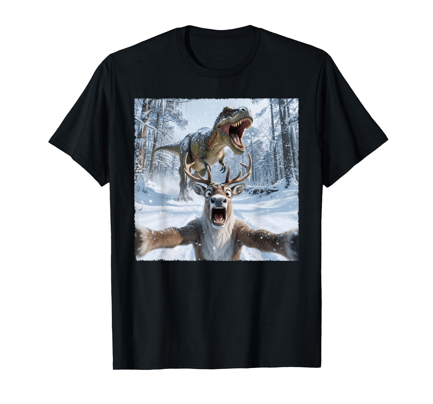 Funny Reindeer Selfie with T-Rex Dinosaur Christmas T-Shirt