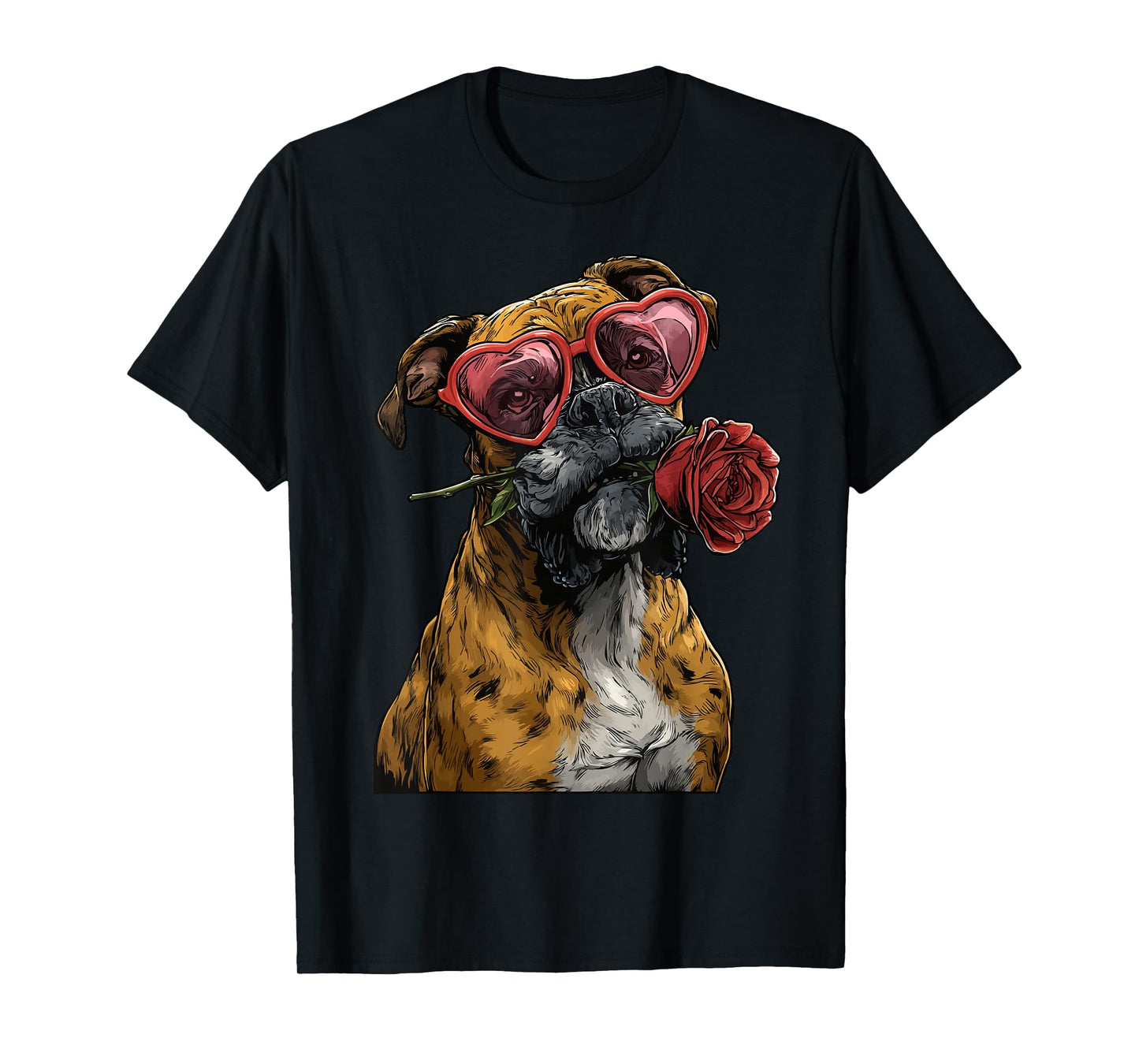 Cute Boxer with Heart Glasses Rose Valentine's Day Dog T-Shirt