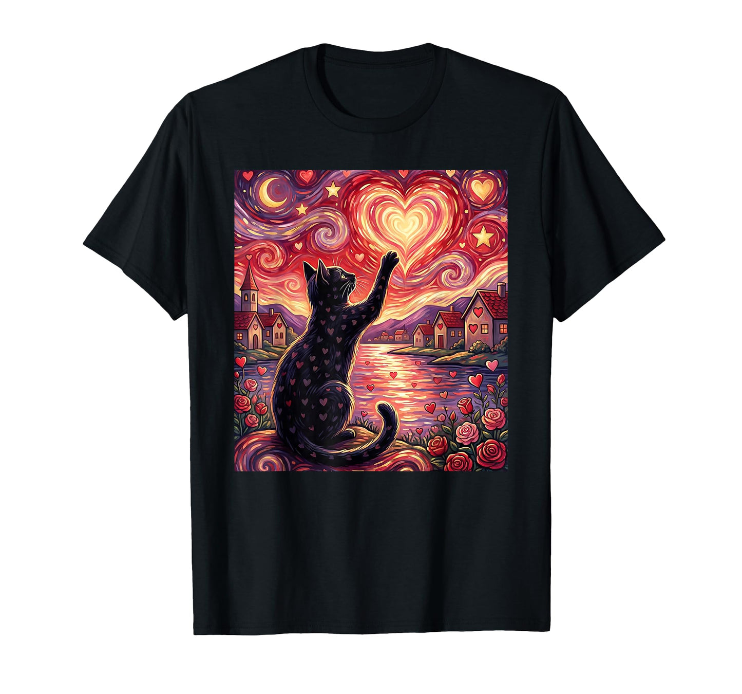 Starry Nights Cat Valentine Love-Hearts Roses Van-Gogh T-Shirt