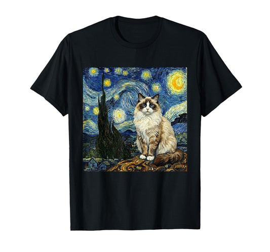 Van Gogh Art Starry Night - Funny Ragdoll Cat Artistic T-Shirt