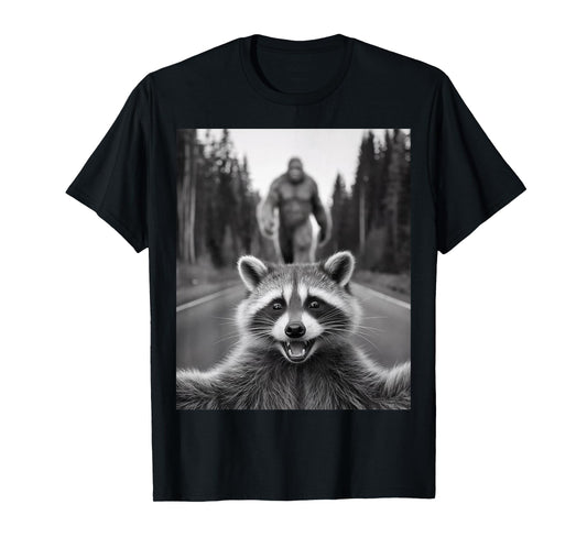 Scared Raccoon Selfie With Sasquatch Bigfoot , Funny Raccoon T-Shirt