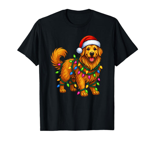 Golden Retriever Christmas Lights Santa Hat Funny Dog Xmas T-Shirt