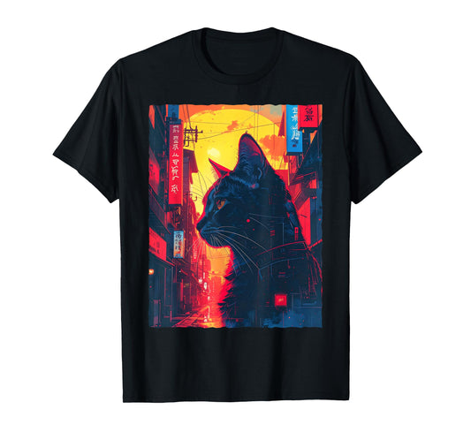 Japanese Street Black Cat Retro Future Sci-Fi Art T-Shirt
