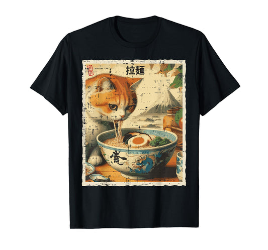 Cat Eating Ramen Vintage Japanese Food Women Girls Kids Men T-Shirt
