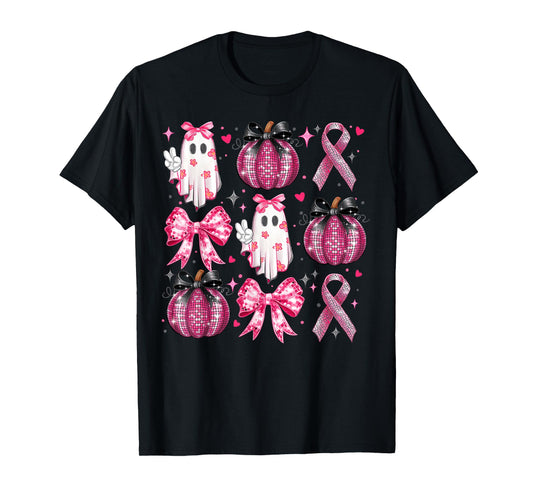 Halloween Pumpkin Pink Ribbon Disco Ghost Bow Breast Cancer T-Shirt