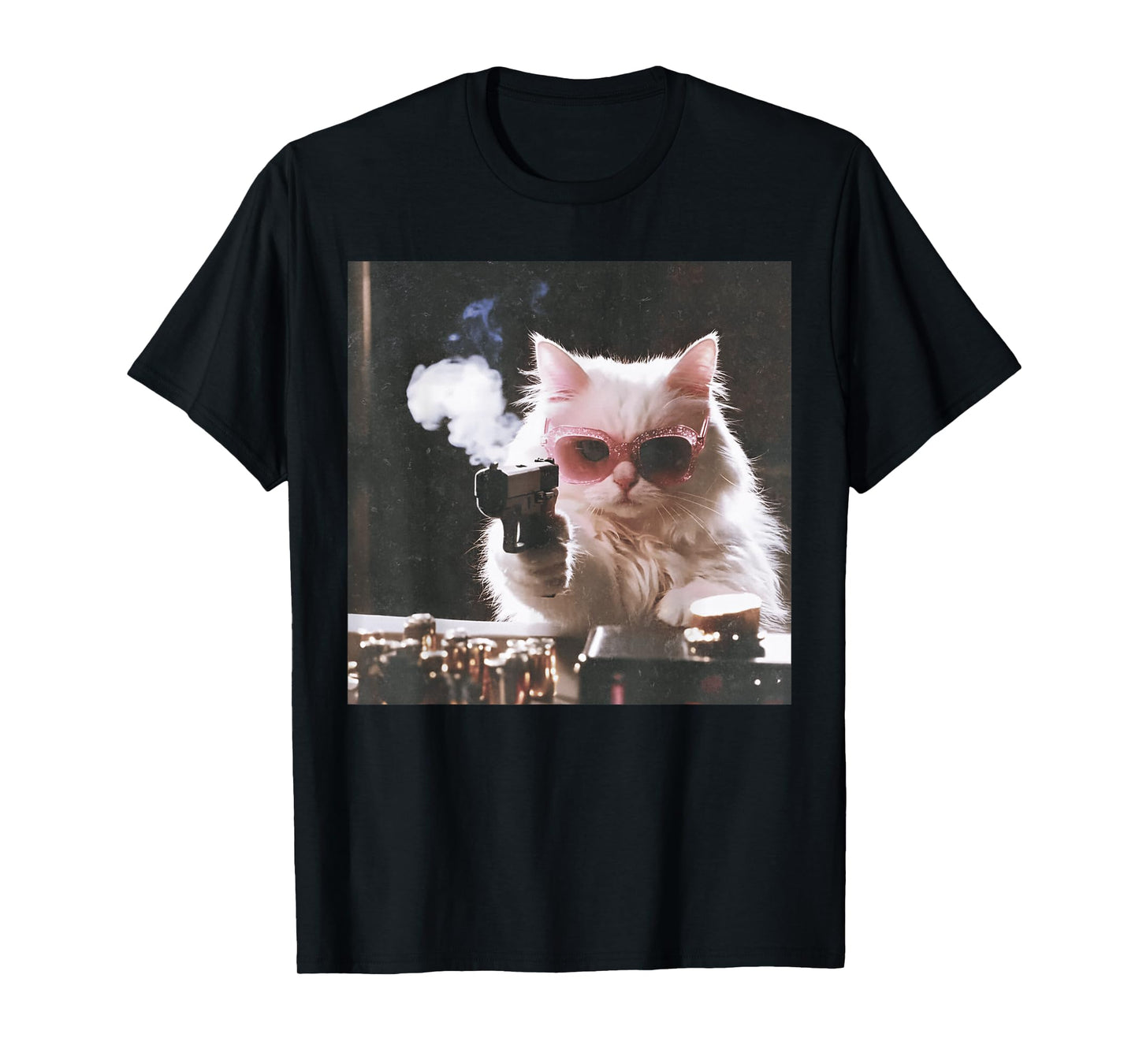 Retro Cool Cat with Gun Pink Sunglasses Cat Meme T-Shirt