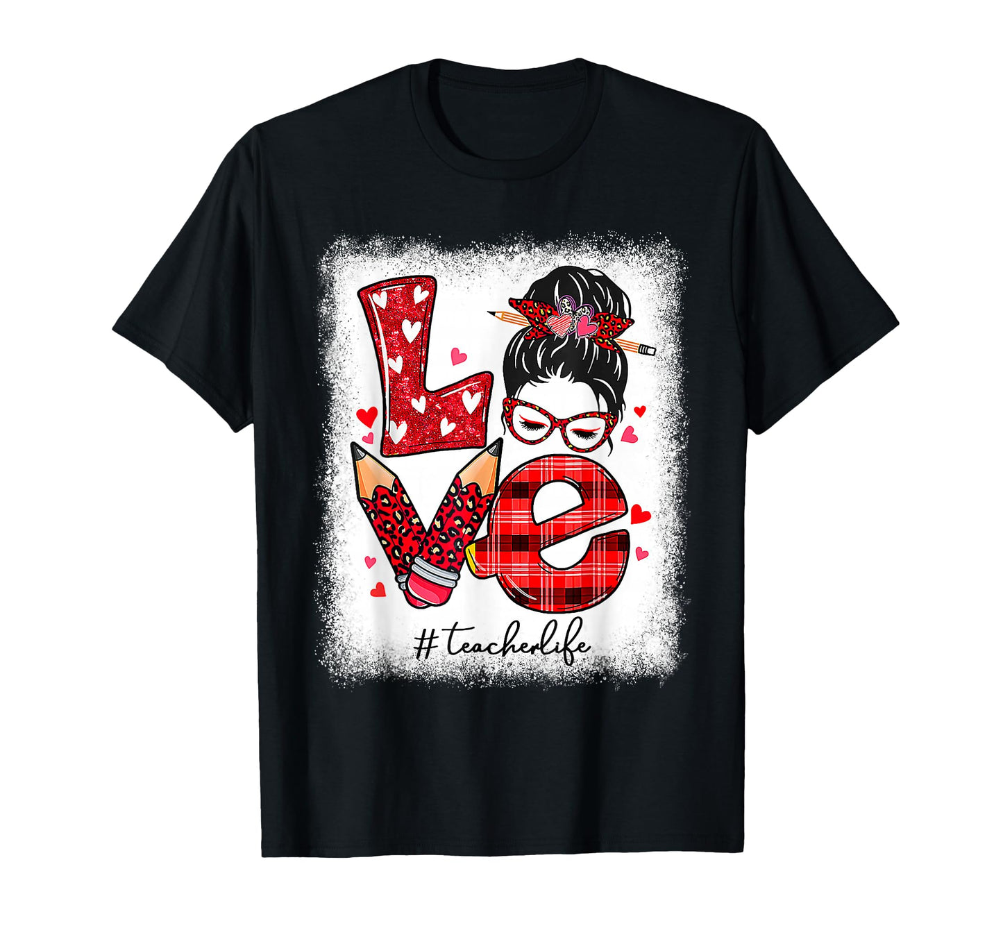 Funny Teacher Life Leopard Messy Bun Valentines Day T-Shirt