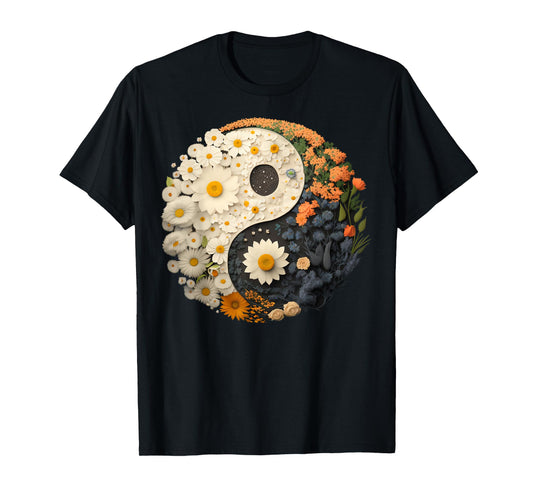 Floral Taoism Yin Yang Symbol on Flower Taijitu Yin Yang T-Shirt