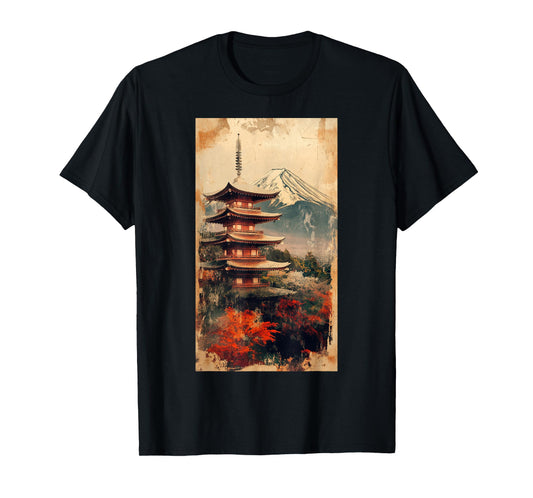 Vintage Japanese Landscape Pagoda Mount Fuji T-Shirt