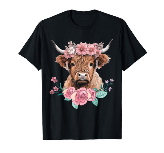 Cute Baby Highland Cow With flowers Calf Animal cow women T-Shirt