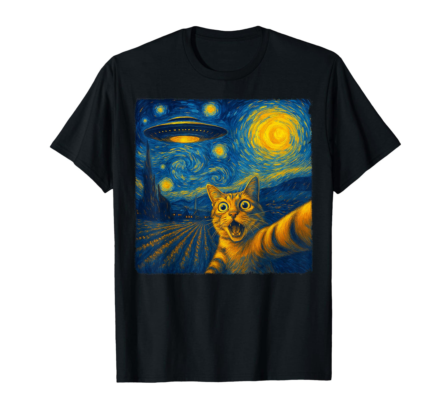 Cat Selfie with UFO Cats Starry Night Van Gogh Men Women Kid T-Shirt