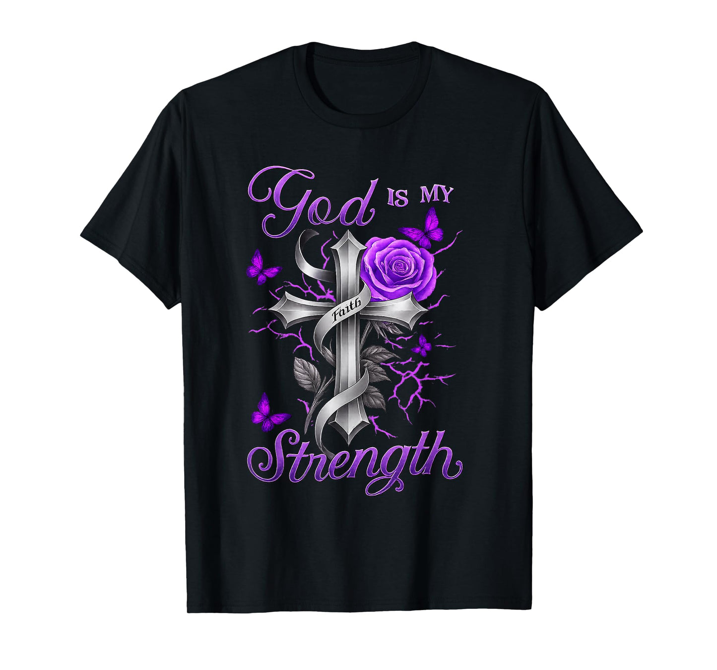 God is My Strength Purple Rose Cross Faith Apparel T-Shirt