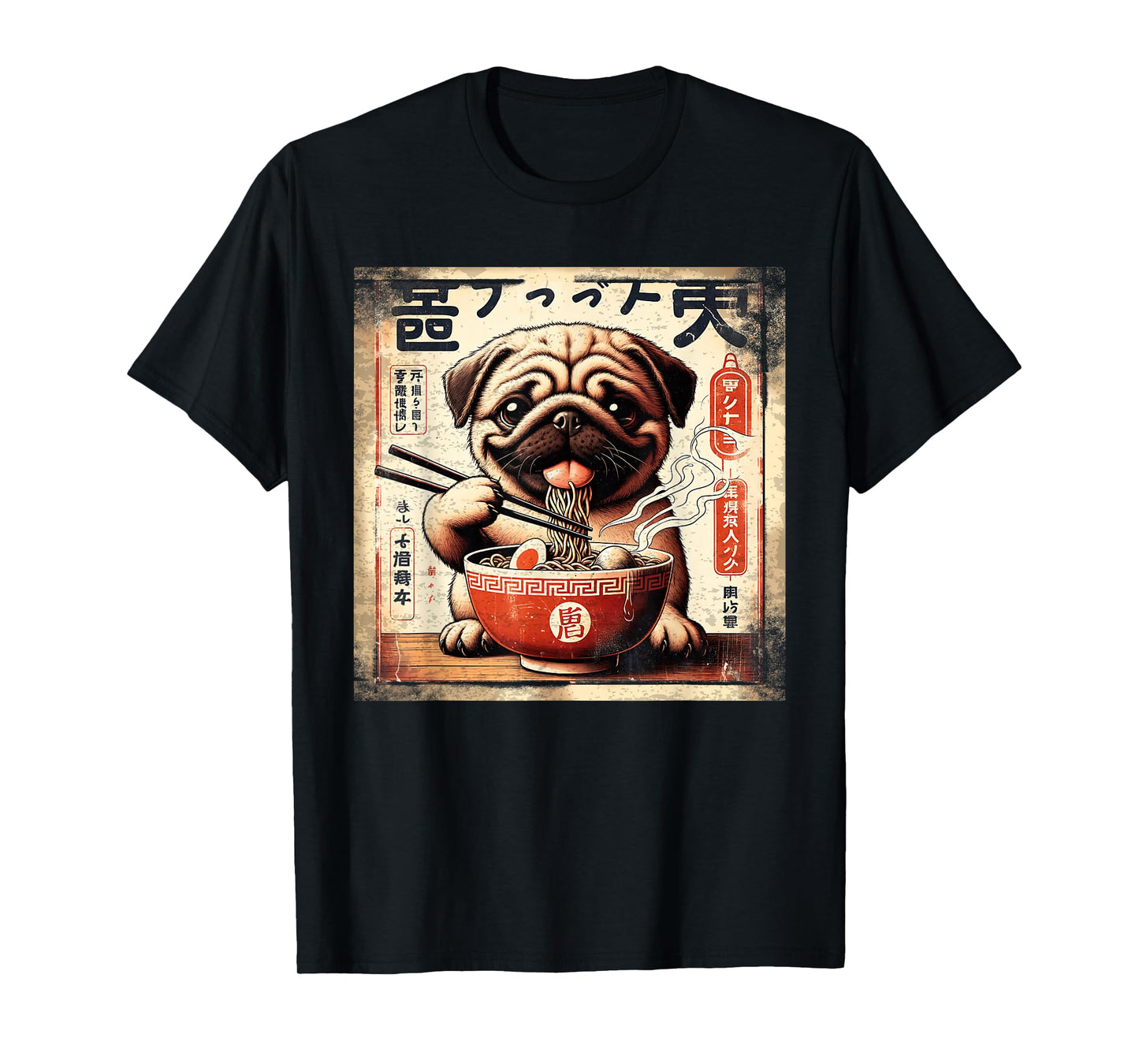 Pug Eating Ramen Vintage Japanese Art Dog Graphic T-Shirt
