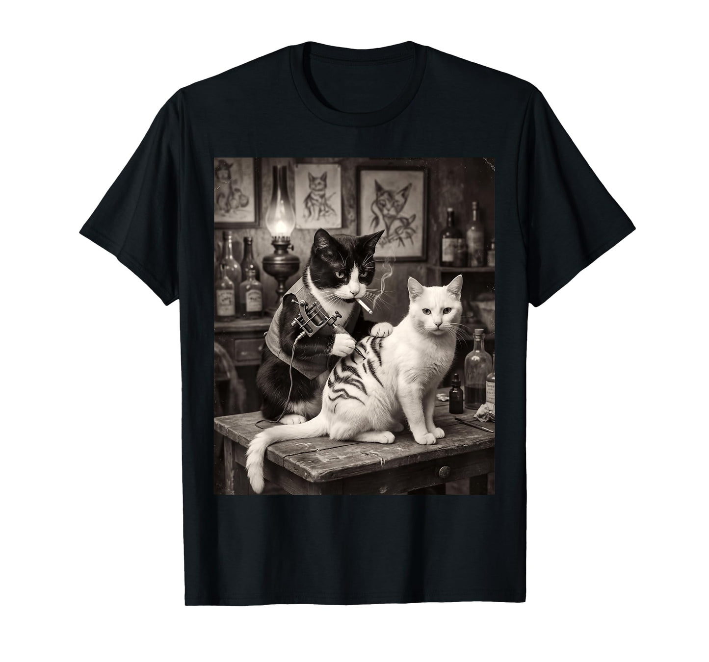 Cat Smoking Tattoo Vintage Inked Kitty Artist Funny Meme T-Shirt