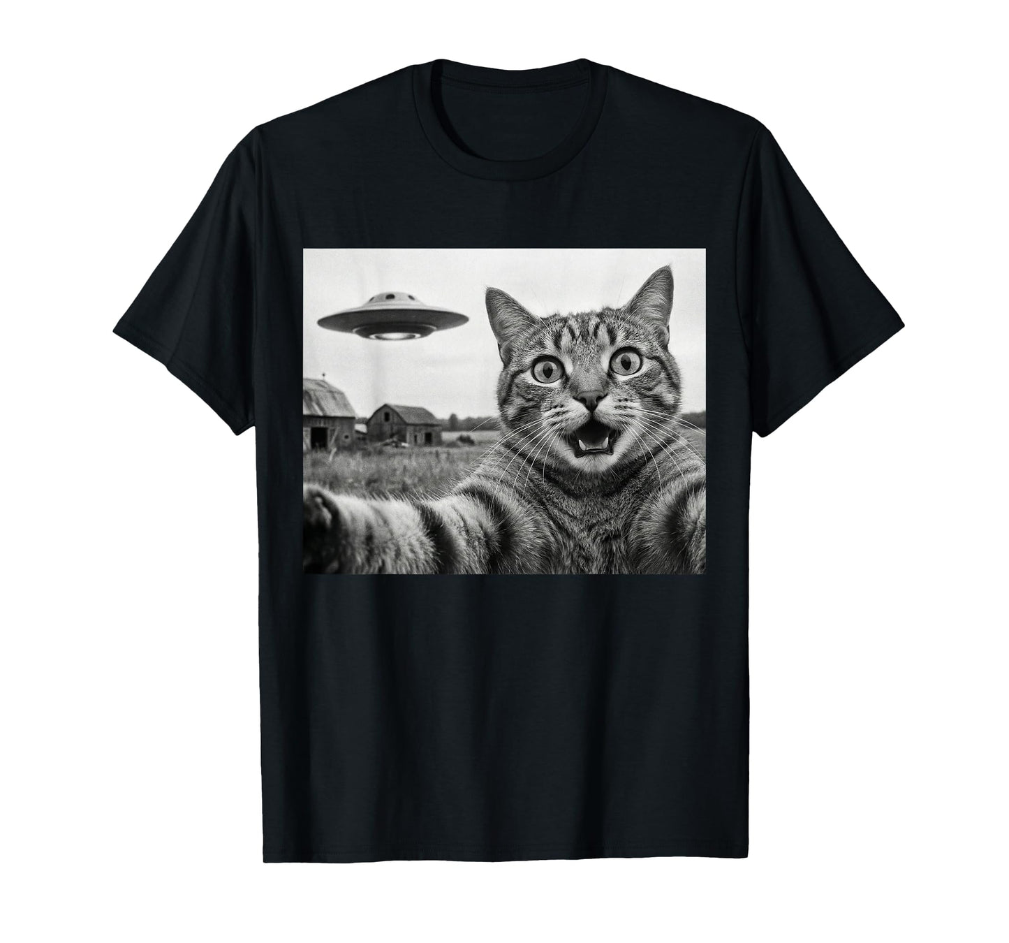 Funny Cat Taking Selfie with UFO Alien Spaceship Meme T-Shirt