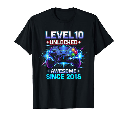 Level 10 Unlocked Awesome Since 2016 10th Birthday Boy Gamer T-Shirt