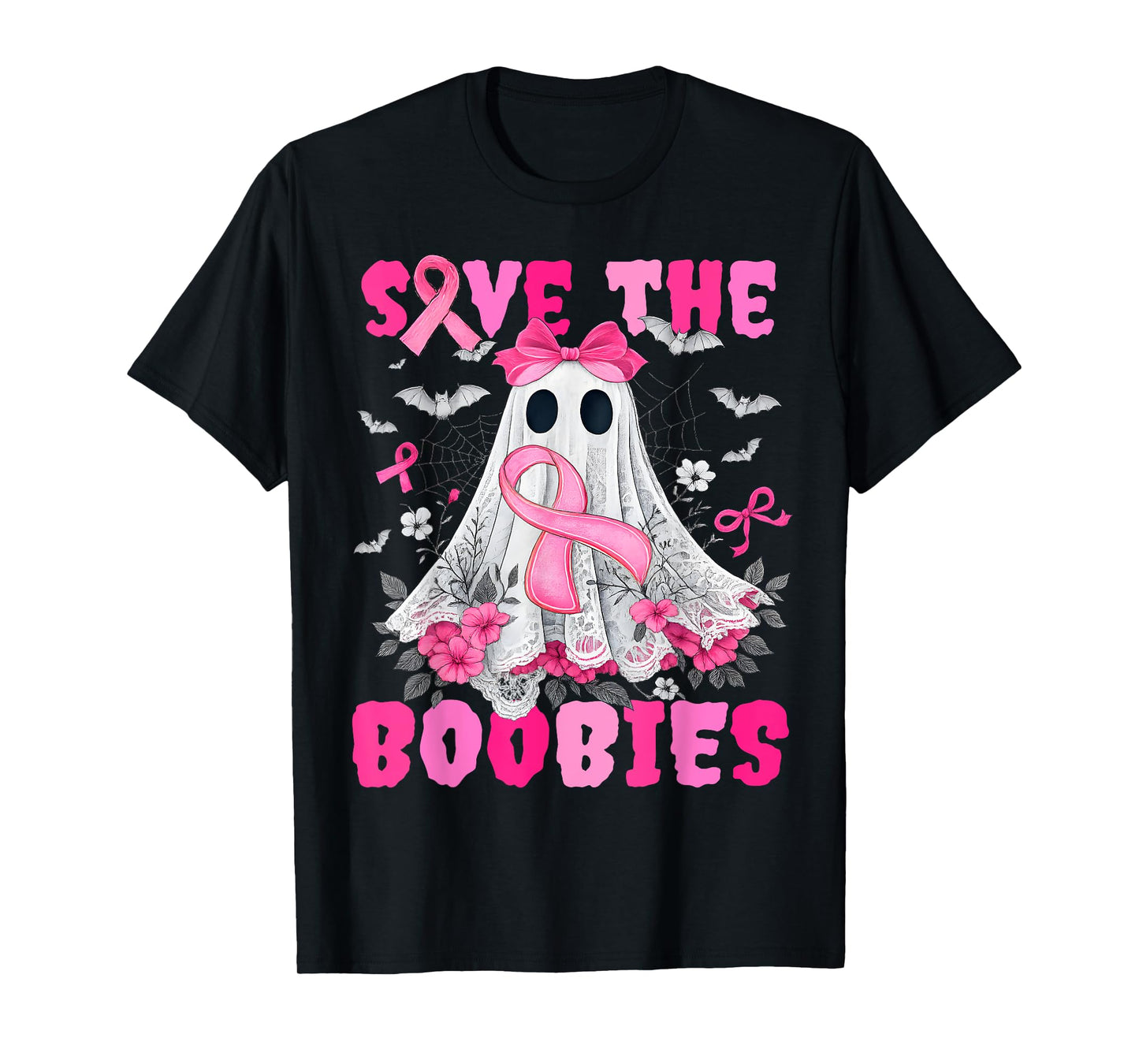 Save The Boobies Lace Bow Breast Cancer Awareness Halloween T-Shirt