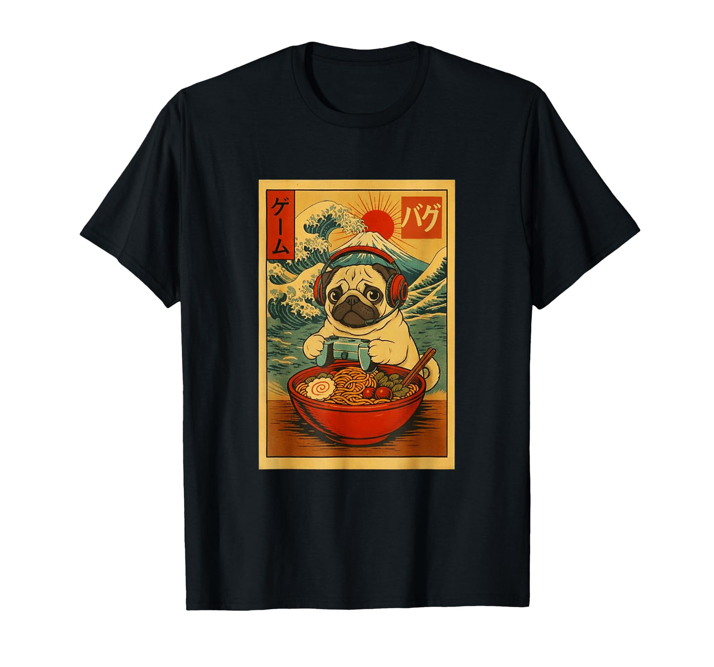 Pug Dog Gaming Ramen Japanese Ukiyo-e Great Wave Retro Art T-Shirt