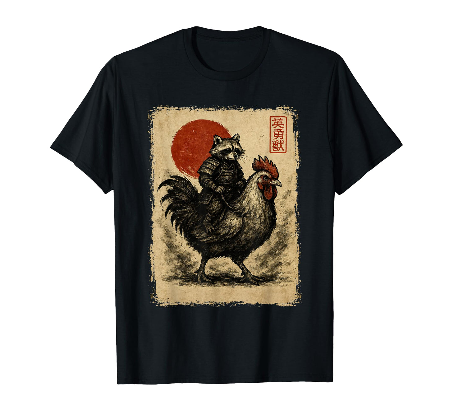Funny Vintage Raccoon Rooster Chicken Japanese Ukiyo-e Art T-Shirt