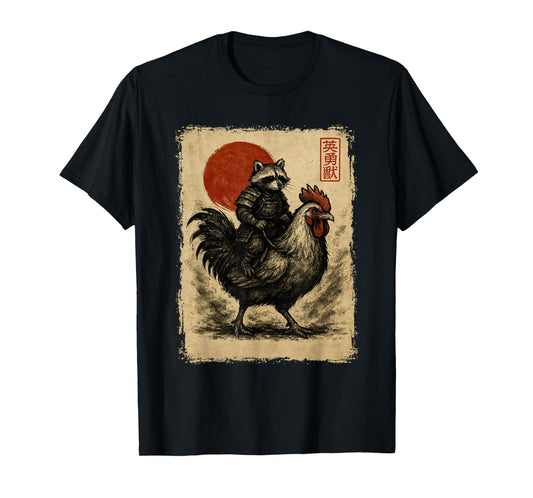 Funny Vintage Raccoon Rooster Chicken Japanese Ukiyo-e Art T-Shirt