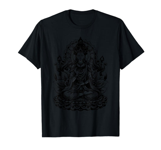 Vintage Spiritual Design Quan Yin Chinese Goddess of Compassion Kwan Yin Lotus T-Shirt, Small, Grey