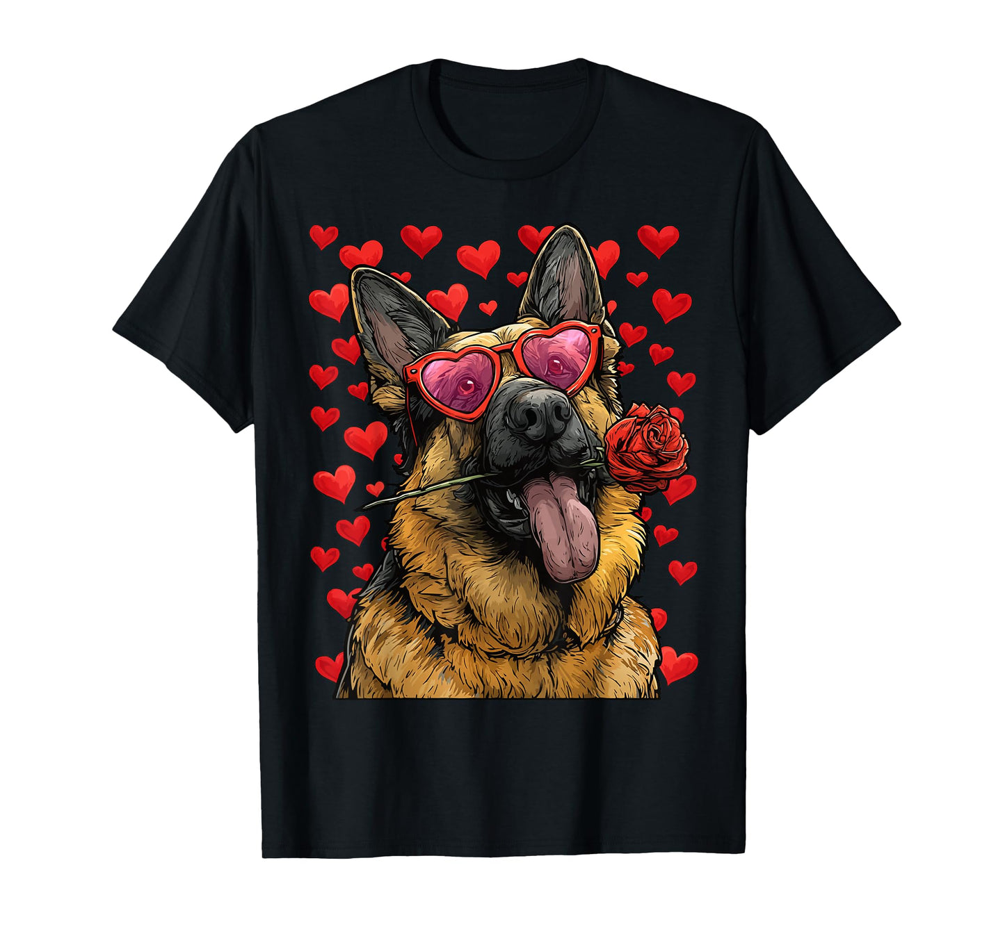 German Shepherd with Heart Glasses Rose Valentine's Day Dog T-Shirt