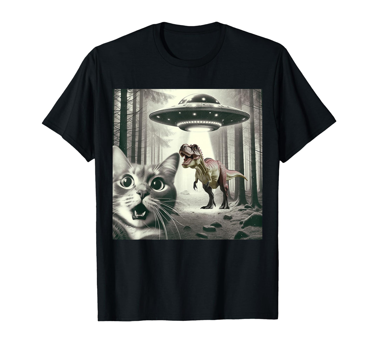 Funny Cat Selfie with Alien UFO and T-Rex Dinosaur Graphic T-Shirt