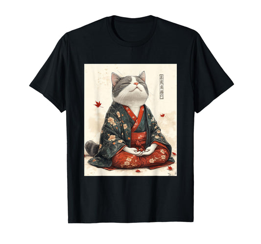 Zen Cat T-Shirt - Meditating Japanese Art Style Graphic Tee Men Women Kids T-Shirt