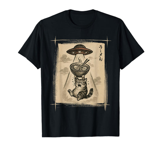 Vintage Cat vs UFO Ramen Japanese Art Kawaii Funny Abduction T-Shirt