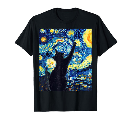 Van Gogh Style Starry Night Cute Cat Art T-Shirt