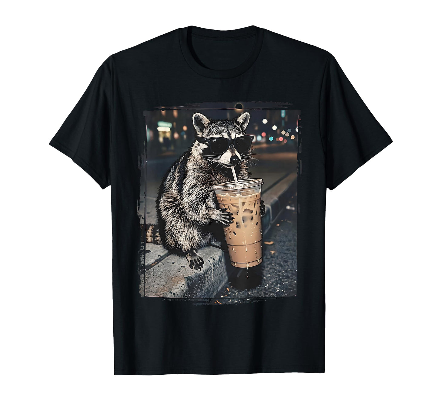 Raccoon Drinking Iced Coffee Funny Animal Meme Men Women T-Shirt