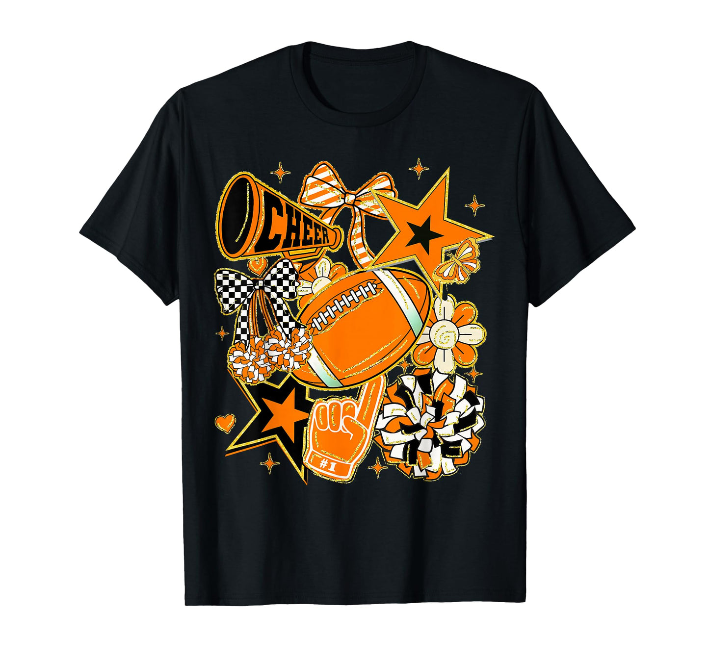Coquette Bow Football Orange Black Game Cheer Mom Touchdown T-Shirt
