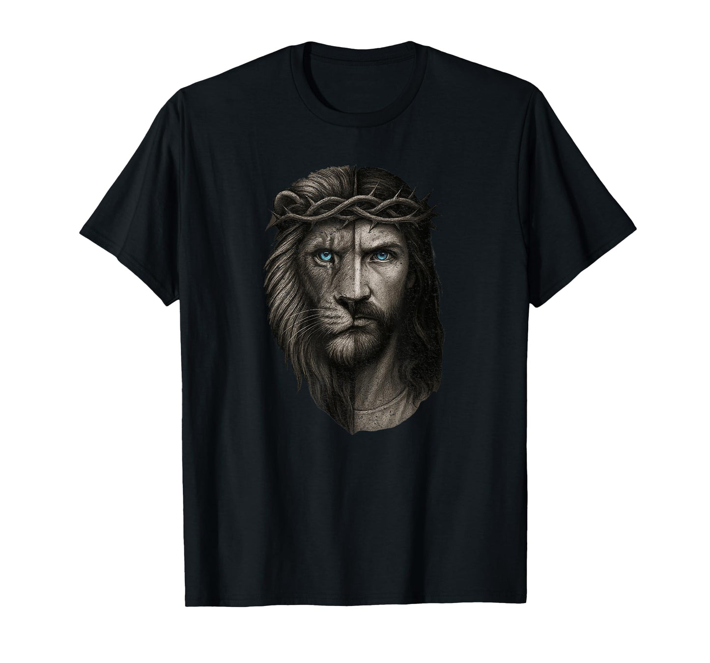 Lion and Jesus Half Face Crown of Thorns Blue Eyes Art T-Shirt