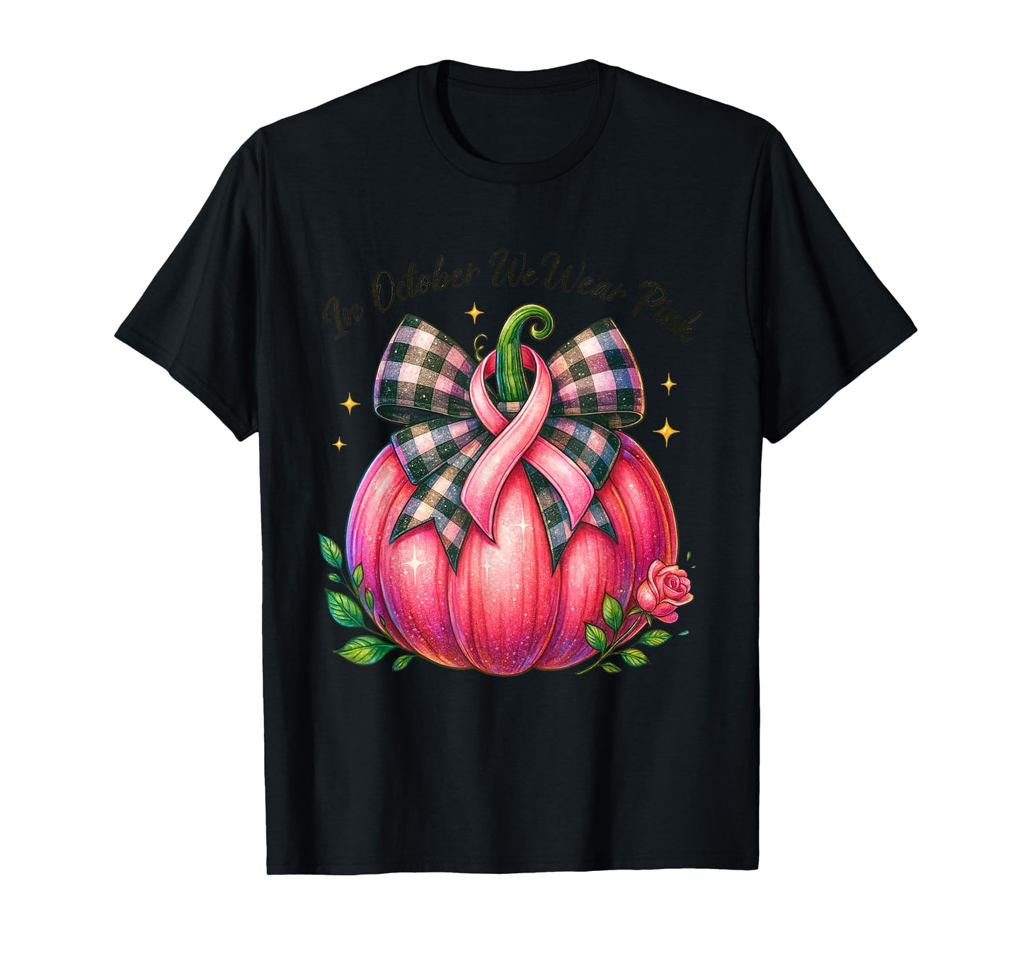 Bow Tie Pumpkin in October We Wear Pink Ribbon Breast Cancer T-Shirt