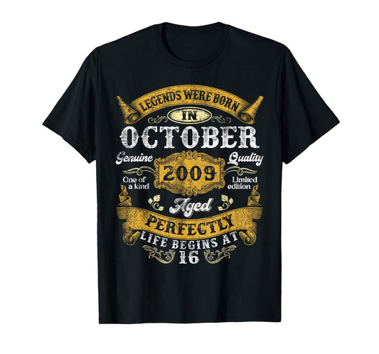 Legends Were Born In October 2009 Vintage 16th Birthday Boy T-Shirt