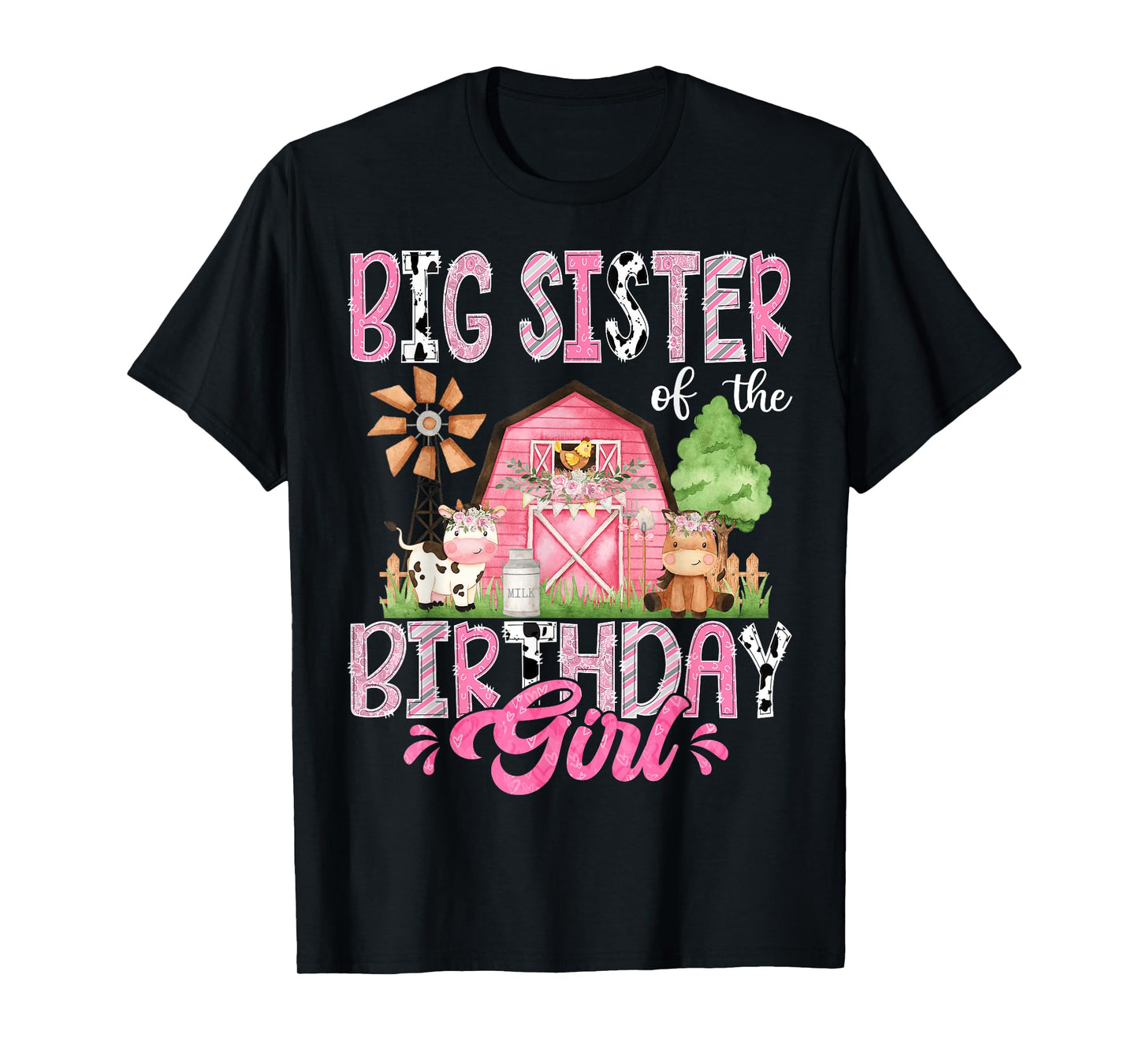 Big Sister Of The Birthday Girl 1St Birthday Pink Cow Farm T-Shirt